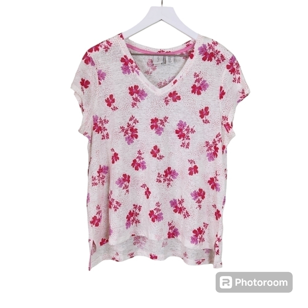 Joie 100% Silk Top Women's sz XL Floral Pink & White V-Neck Lightweight Tee Top